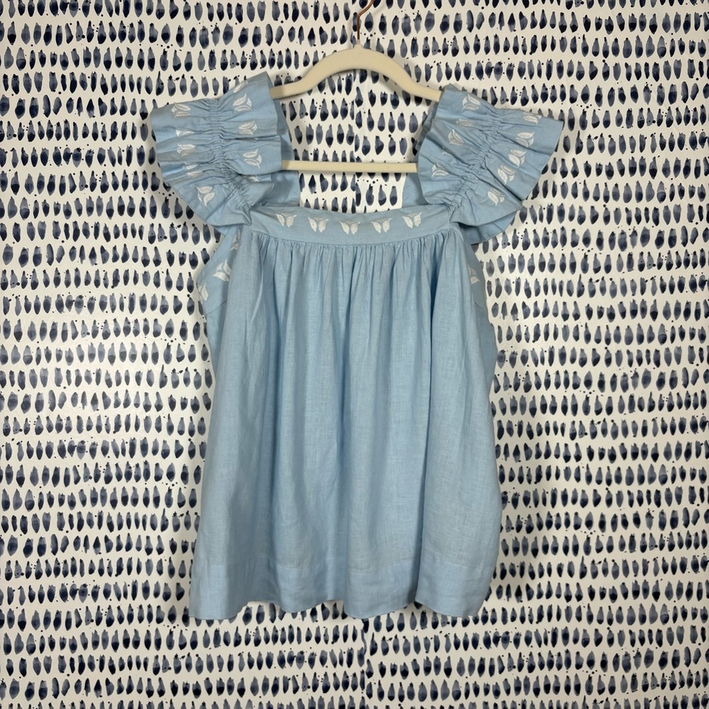 Crown & Ivy Short Flutter Sleeve Embroidered Linen Blend Top sz L lightweight